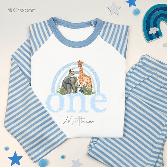 Safari Blue Rainbow Personalised Kids Outfit, Birthday Morning Animal Set, Custom Name Cotton Clothing Set, Tight-fitting style