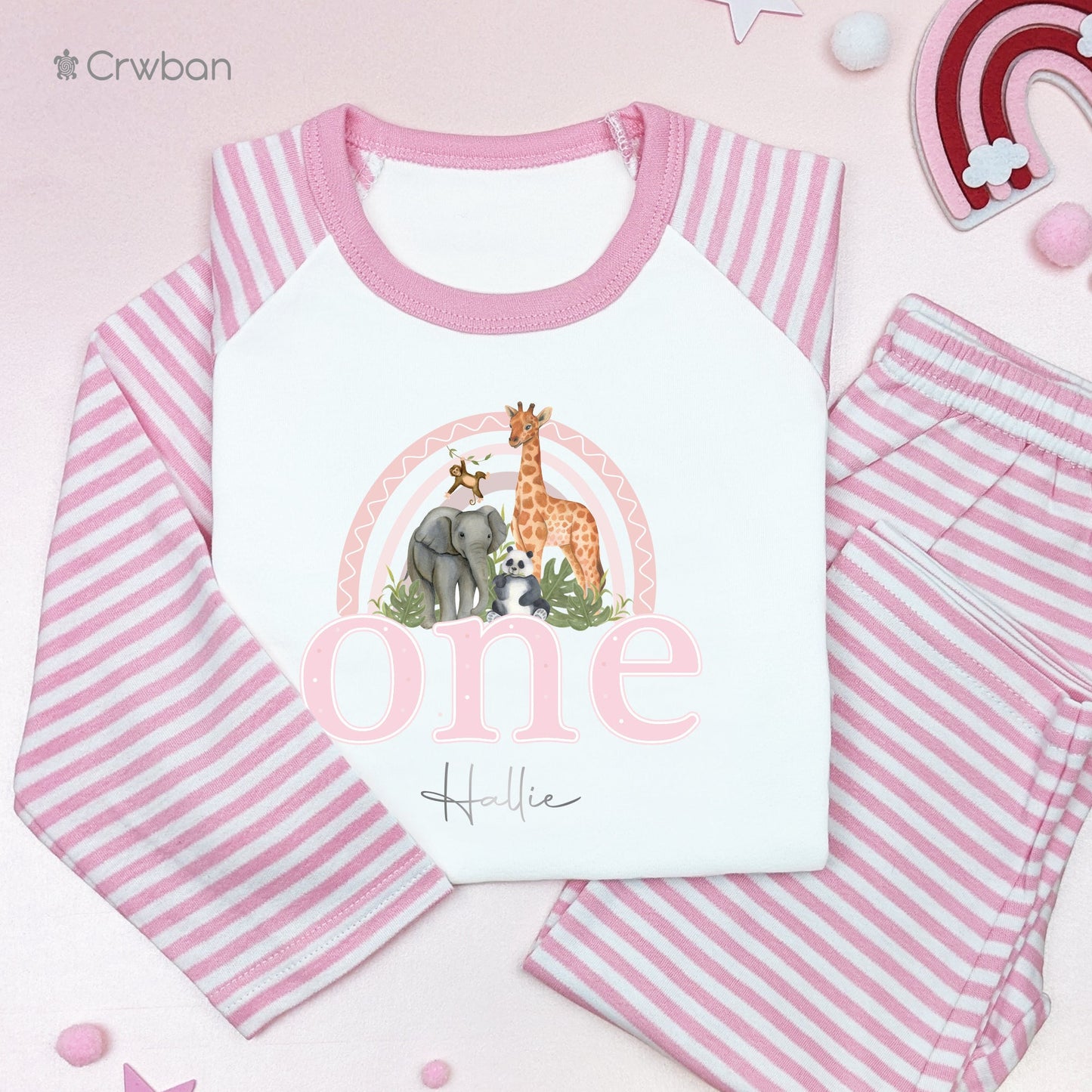 Safari Pink Rainbow Personalised Birthday 1st 2nd Any Age Girl Pyjamas When I Wake Up I'll Be One Two Birthday Gift Pink Stripes