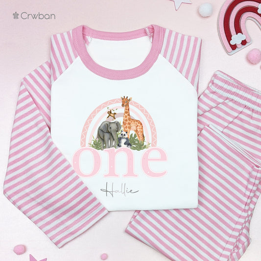Safari Pink Rainbow Personalised Birthday 1st 2nd Any Age Girl Pyjamas When I Wake Up I'll Be One Two Birthday Gift Pink Stripes