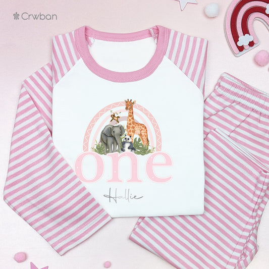 Safari Pink Rainbow When I Wake Up Personalised Kids Outfit, Birthday Morning Set, Custom Name Cotton Clothing Set, Tight-fitting style