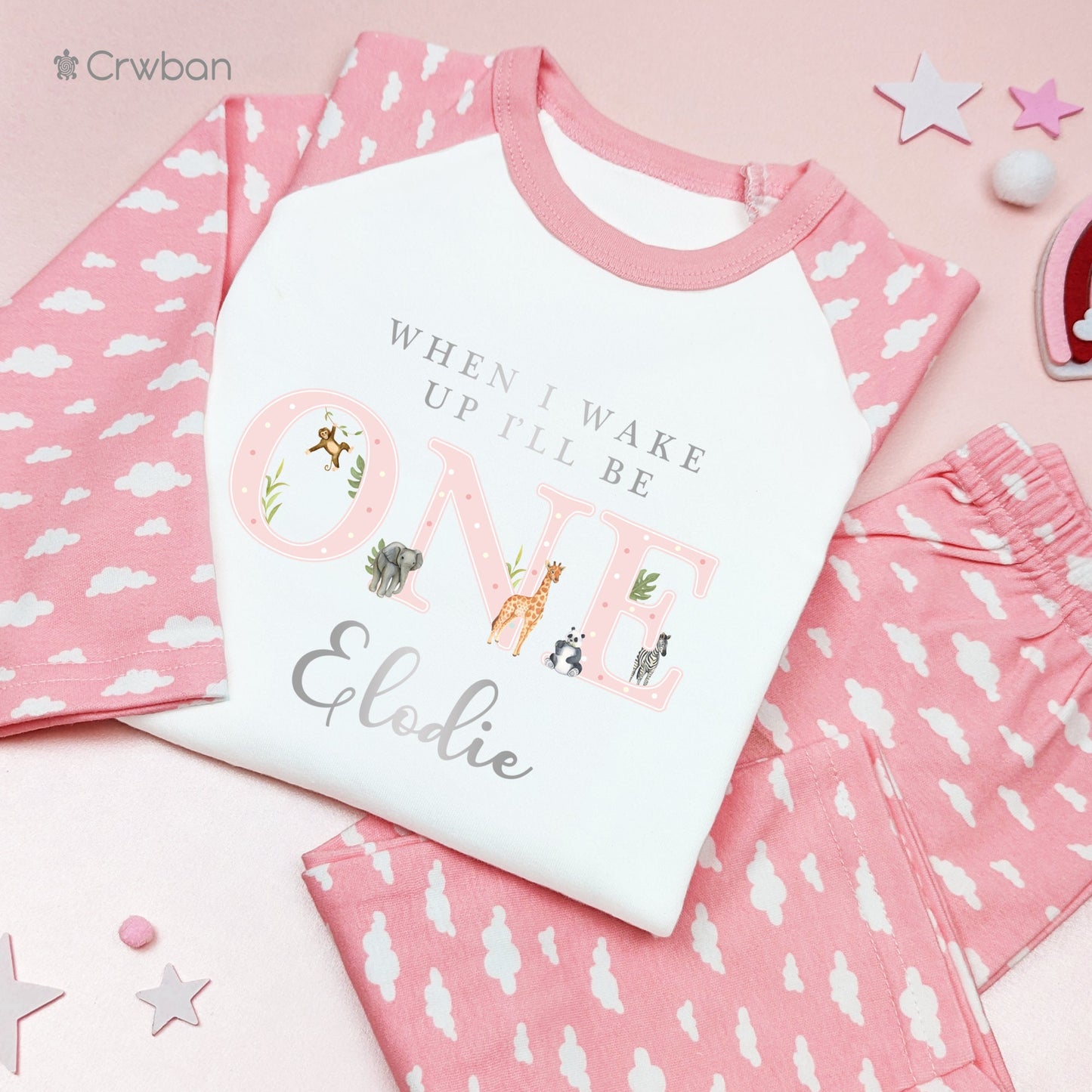 Safari Jungle 1st 2nd 3rd Birthday Pj's Personalised Girl Peach Pink Watercolour Birthday When I Wake Up, Any Age Pyjamas