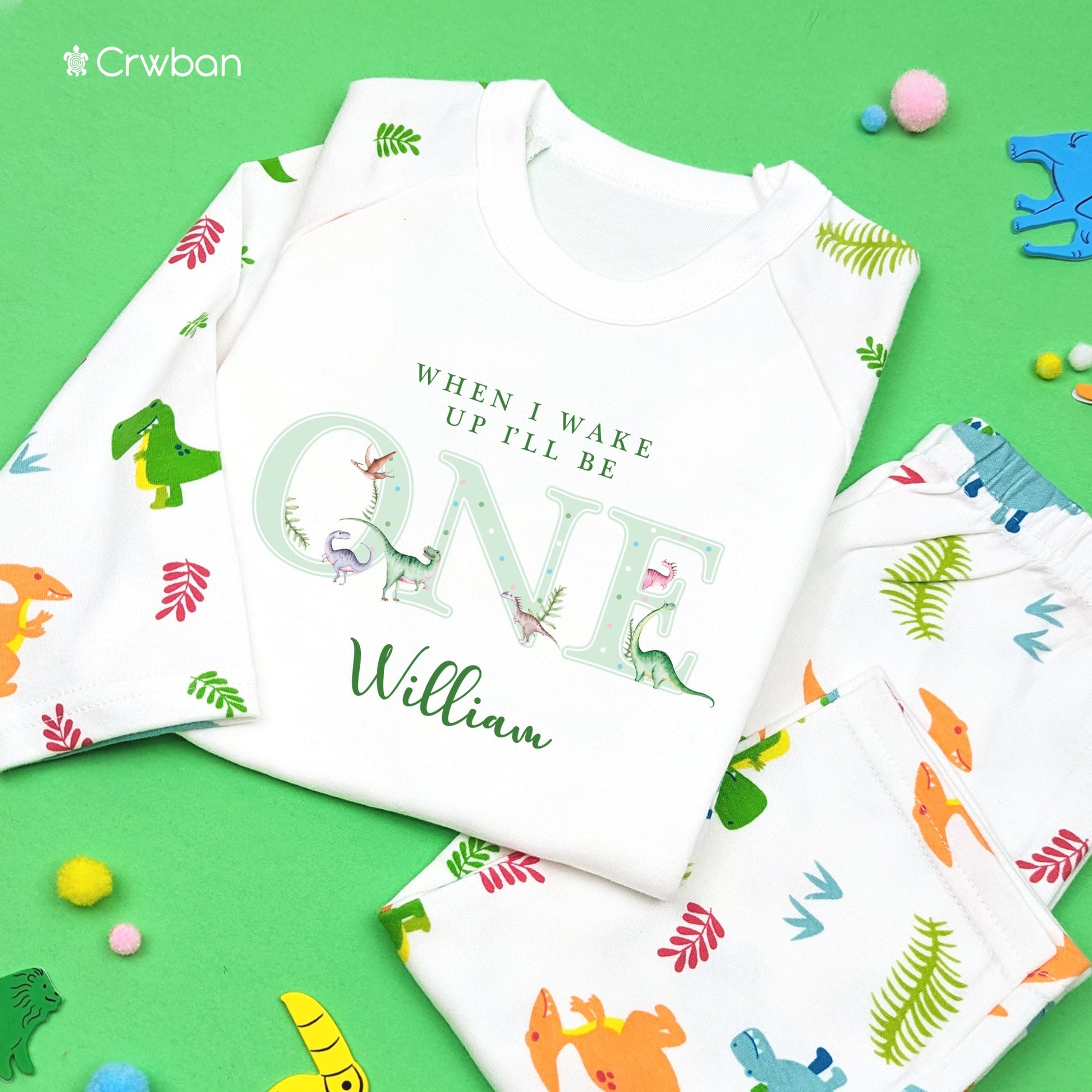 Watercolour Green Dinosaur When I Wake Up Personalised Kids Outfit, Birthday Morning Set, Custom Name Cotton Clothing, Tight-fitting style