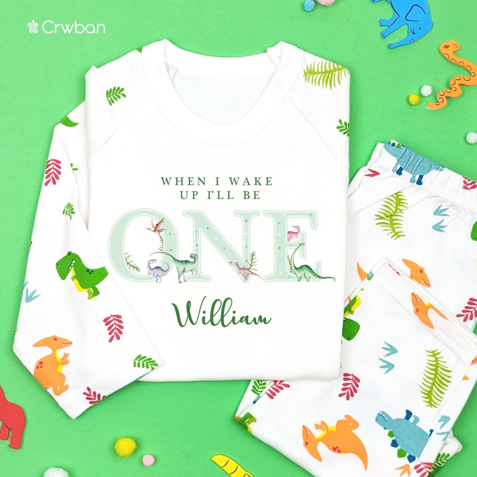 Watercolour Green Dinosaur When I Wake Up Personalised Kids Outfit, Birthday Morning Set, Custom Name Cotton Clothing, Tight-fitting style