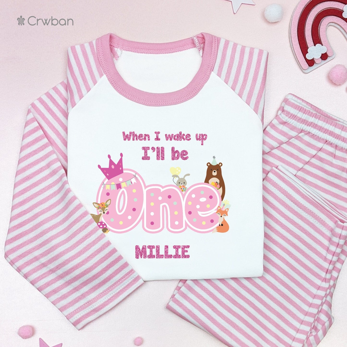 When I Wake Up I'll Be One Any Age Woodland Themed Personalised Birthday Girl Striped Pyjamas Gift with Pink Glitter 1st 2nd 3rd