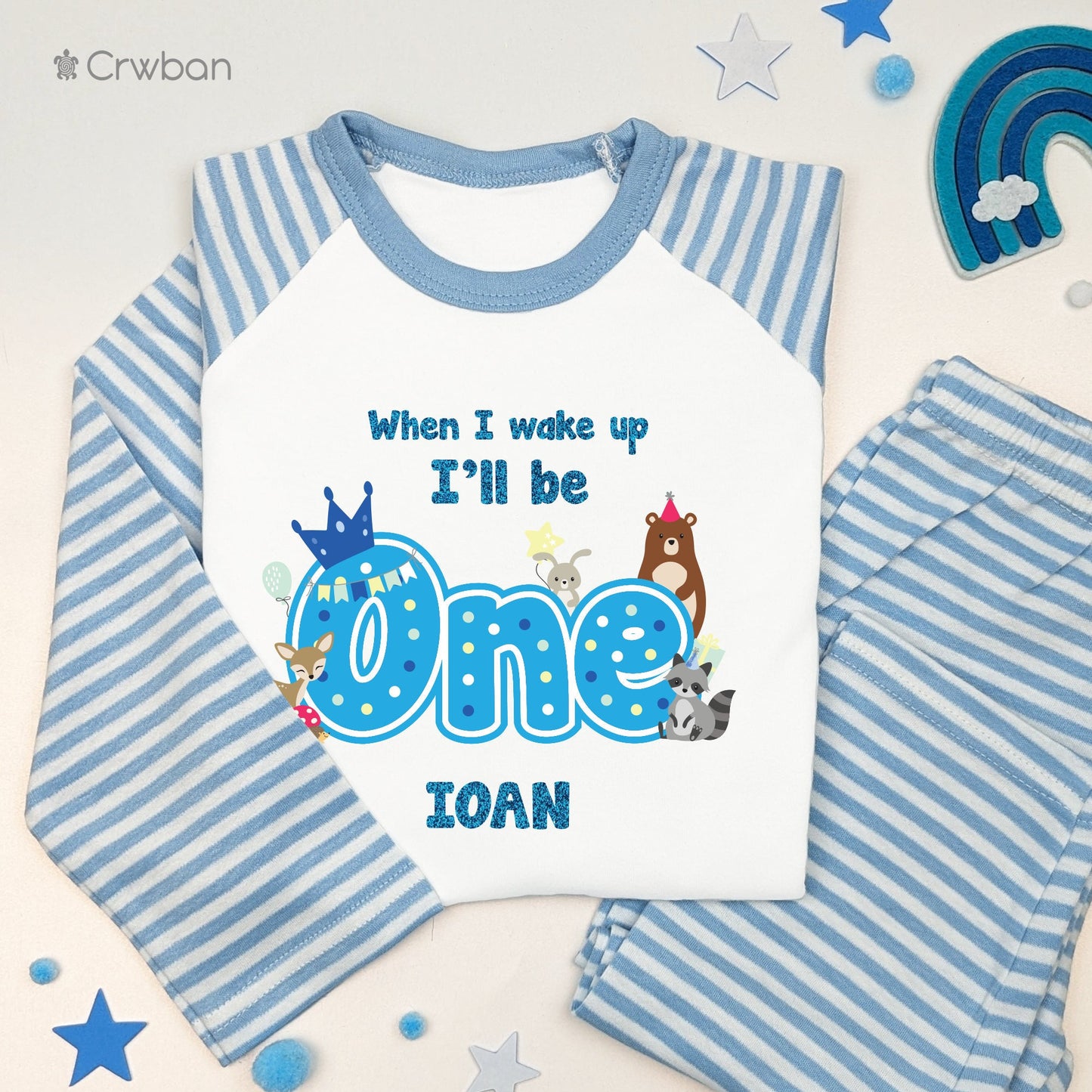Woodland Themed Aqua Glitter Personalised Kids Outfit, Birthday Morning Set, Custom Name Cotton Clothing Set, Tight-fitting style