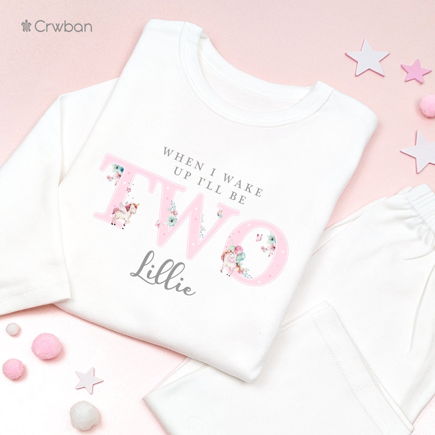 Watercolour Unicorn Any Age Personalised Kids Outfit, Birthday Morning Set, Custom Name Cotton Clothing Set, Tight-fitting style, Grey Print
