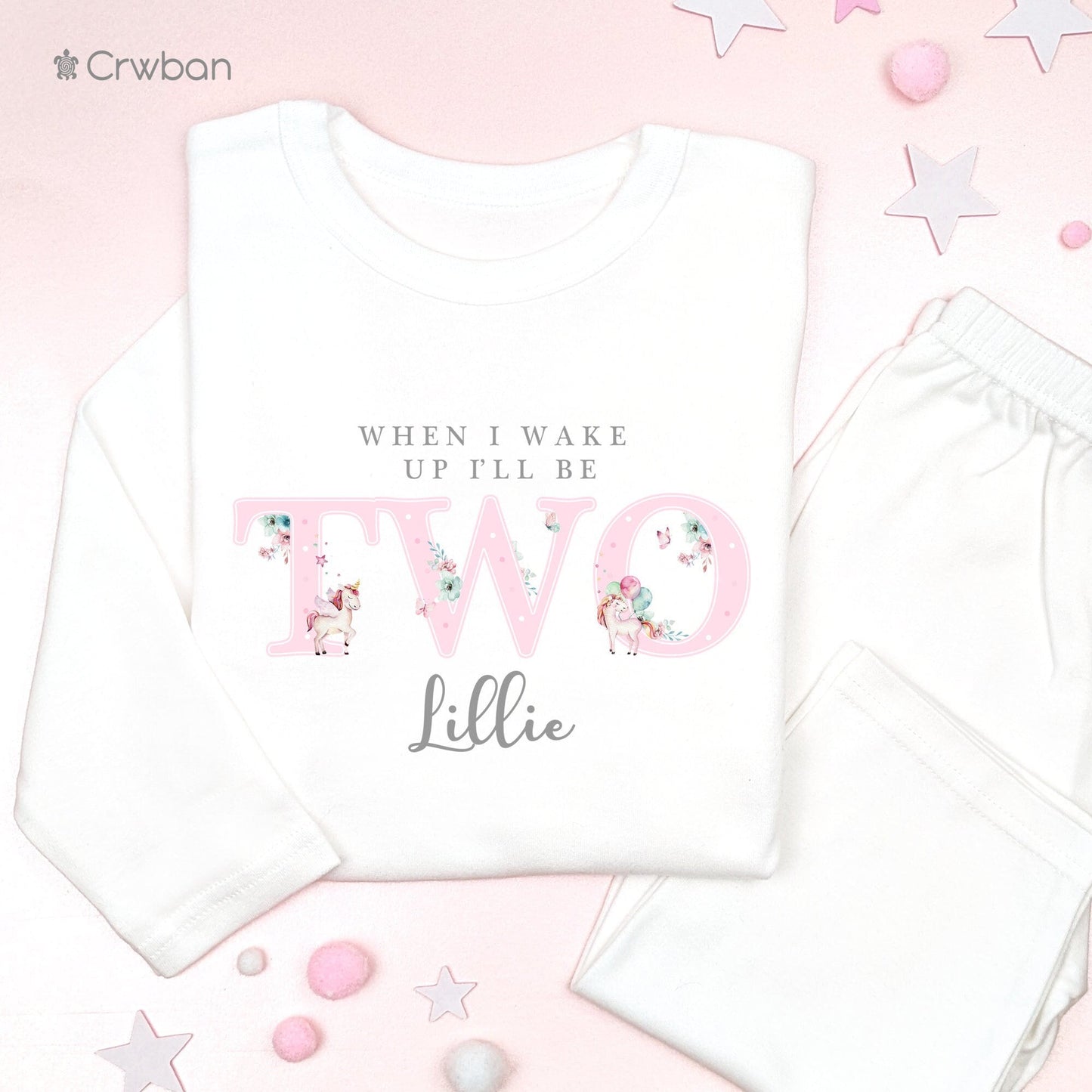 Watercolour Unicorn 1st 2nd Birthday Pj's Personalised First Second Birthday When I Wake Up Pink Stripe or White Pyjamas in Grey Print