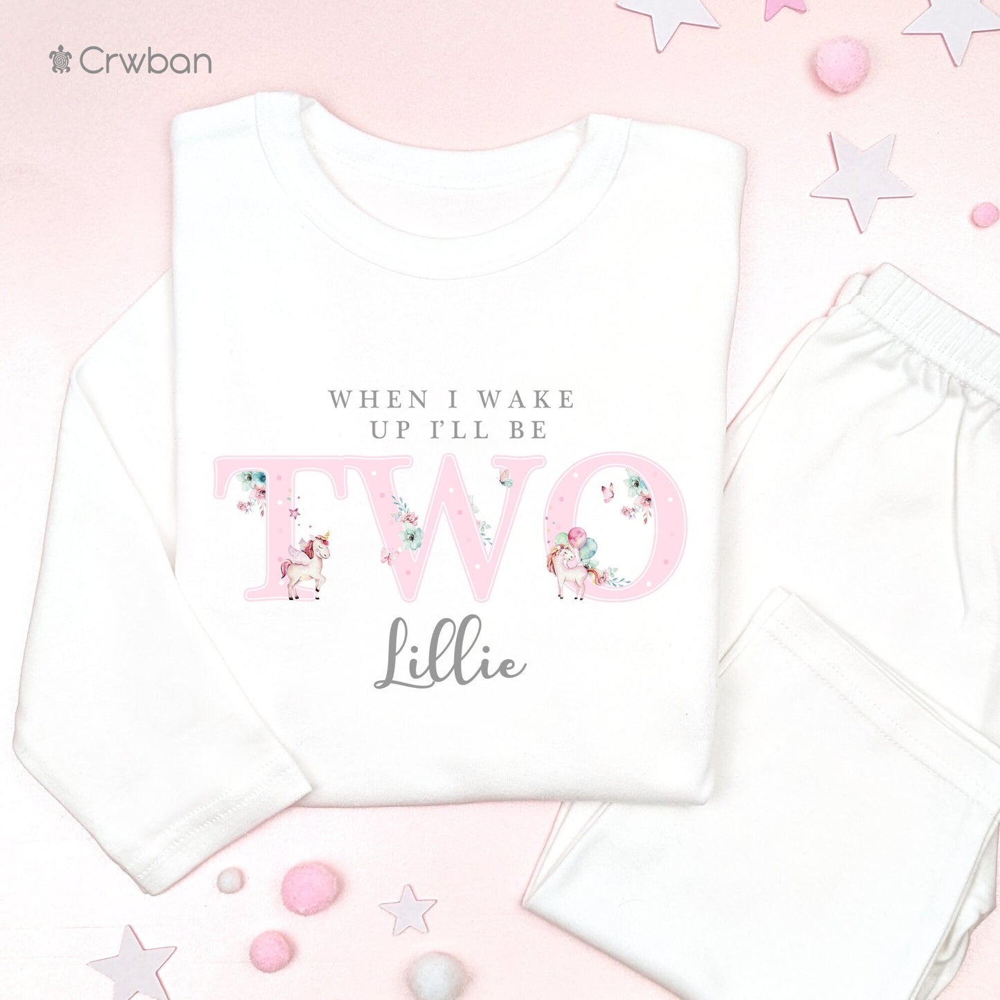 Watercolour Unicorn Any Age Personalised Kids Outfit, Birthday Morning Set, Custom Name Cotton Clothing Set, Tight-fitting style, Grey Print