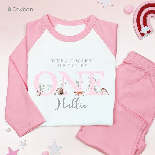 Woodland Watercolour Birthday Pink Personalised Kids Outfit, Birthday Morning Set, Custom Name Cotton Clothing Set, Tight-fitting style