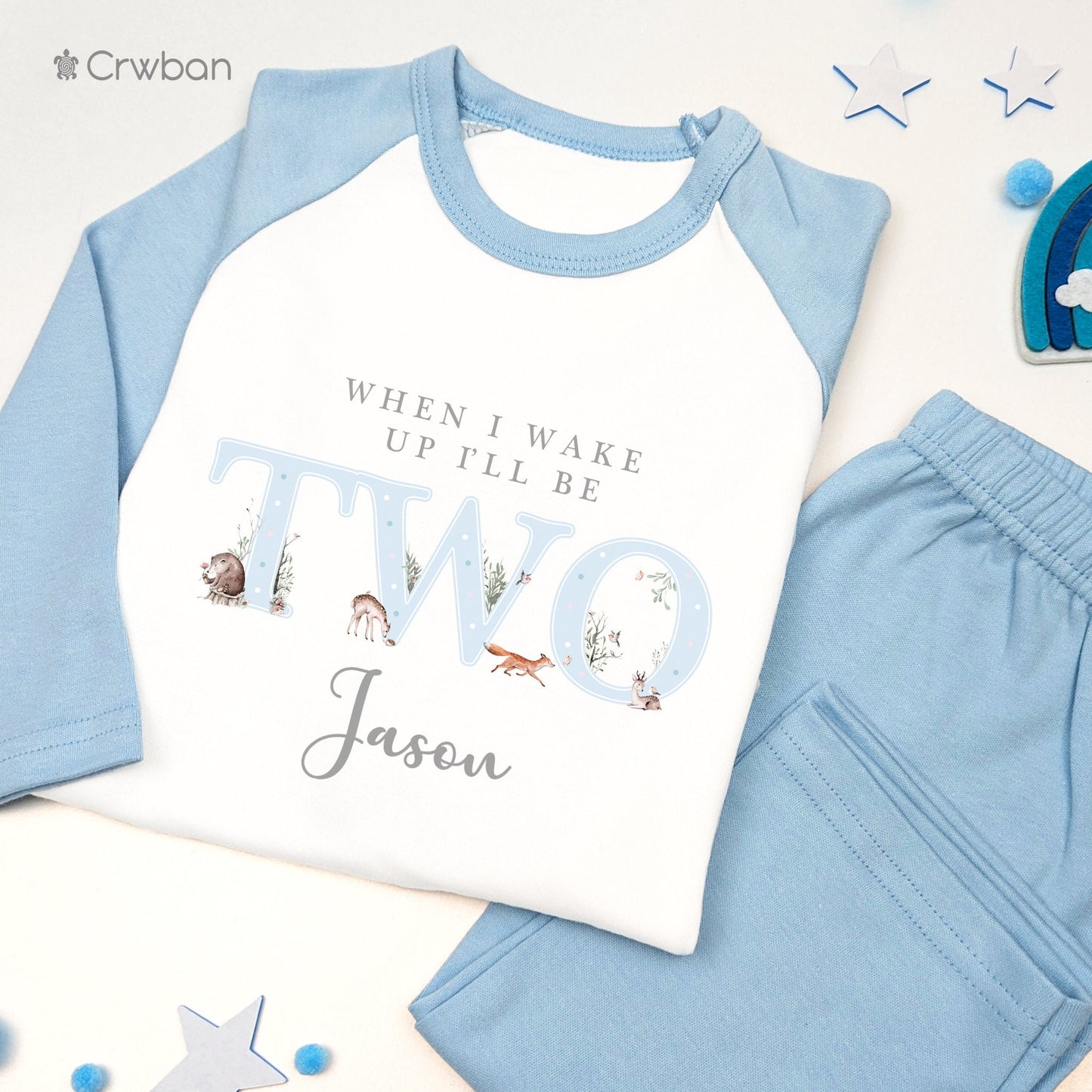 Woodland Blue Watercolour Any Age Personalised Kids Outfit, Birthday Morning Animal Set, Custom Name Cotton Clothing Set Tight-fitting style