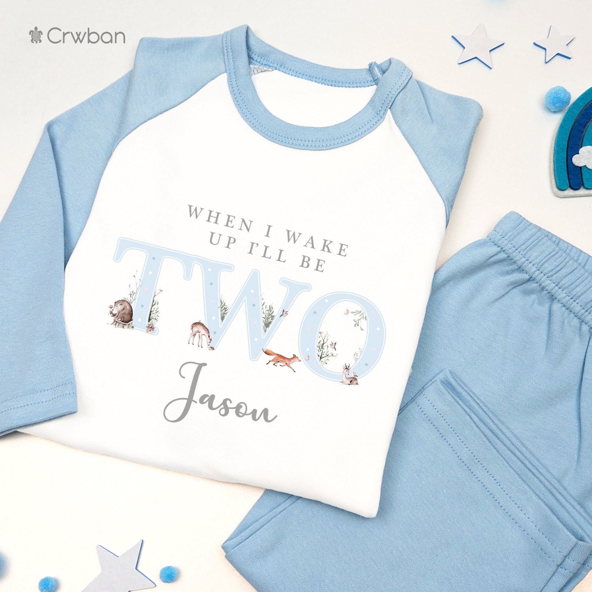 Woodland Blue Watercolour Any Age Personalised Kids Outfit, Birthday Morning Animal Set, Custom Name Cotton Clothing Set Tight-fitting style