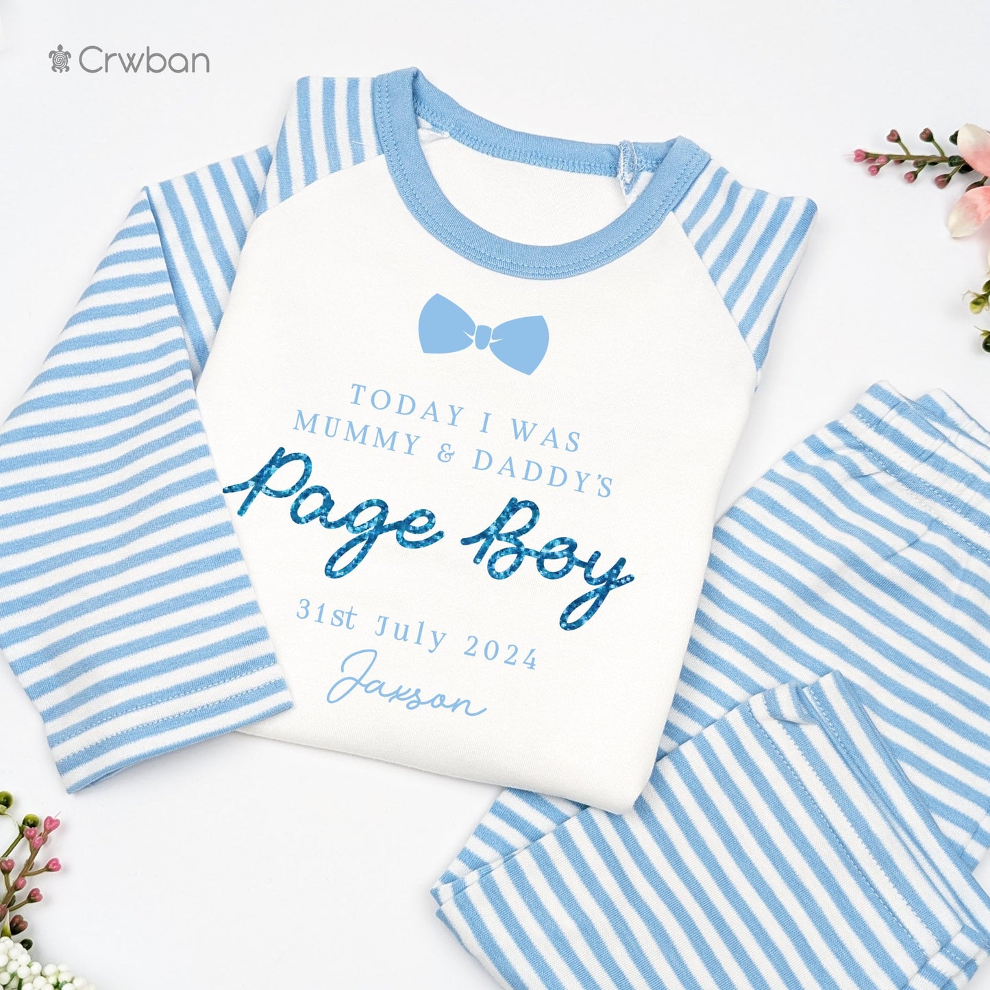 Page Boy Wedding Personalised Toddler Pj's, Special Occasion Mummy & Daddy's Page Boy Announcement Blue Stripe Stars Pyjamas