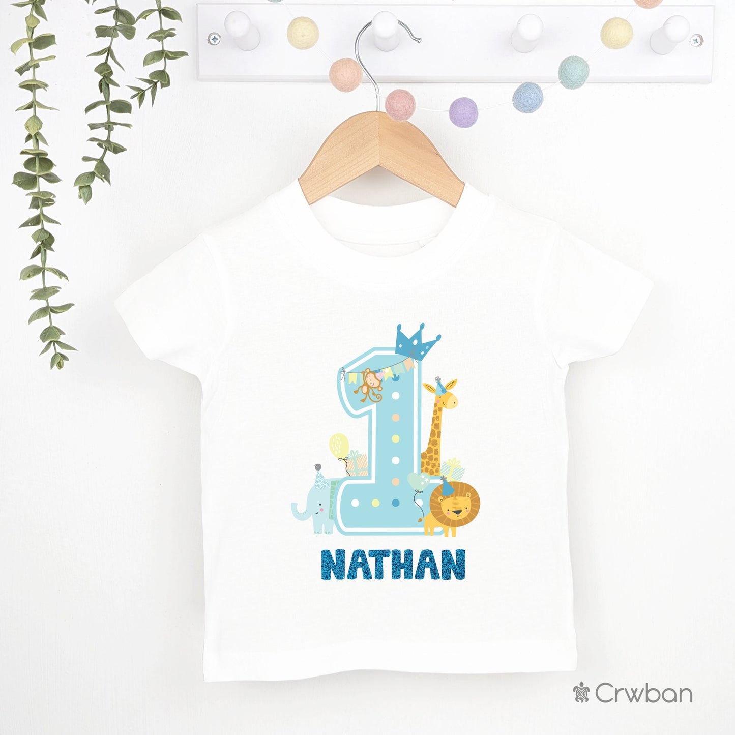 1st 2nd 3rd 4th Birthday Boy Animal Theme Party T-shirt, Personalised Birthday design with Aqua Blue Glitter Print, Any Age