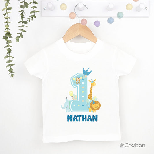 1st 2nd 3rd 4th Birthday Boy Animal Theme Party T-shirt, Personalised Birthday design with Aqua Blue Glitter Print, Any Age