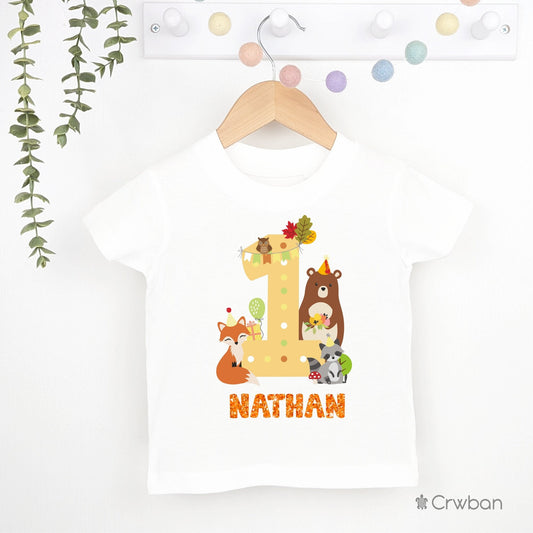 1st Birthday Boy Girl Woodland Theme Party T-shirt, Personalised First Birthday design with Glitter Print, Any Age Birthday Tee