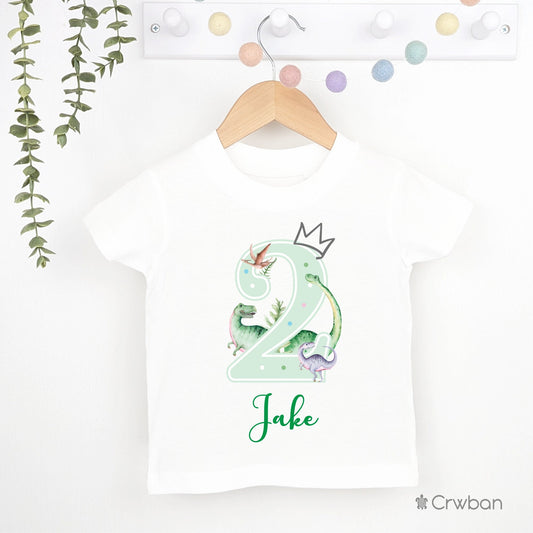 Watercolour Dinosaur Birthday Boy Green Party T-shirt Top, Personalised 1st 2nd 3rd design with Forest Green Print Children's Clothing