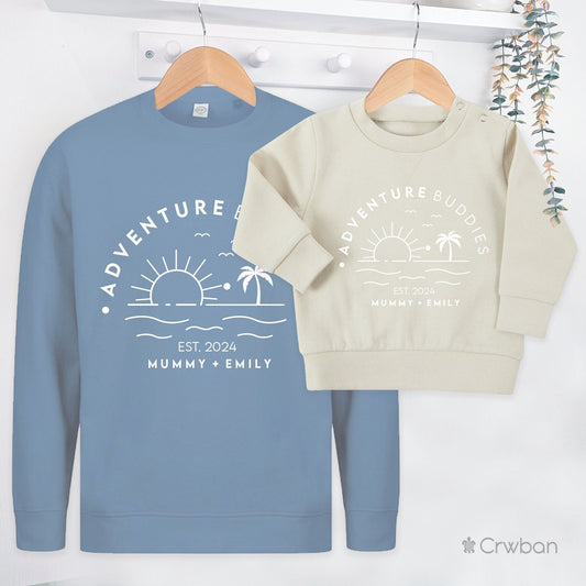 Adventure Buddies Seaside Matching Adults and Childs Sweatshirt Jumper Set, Father's Day, Mothers Day, Gift Baby Est Date, Matching gift