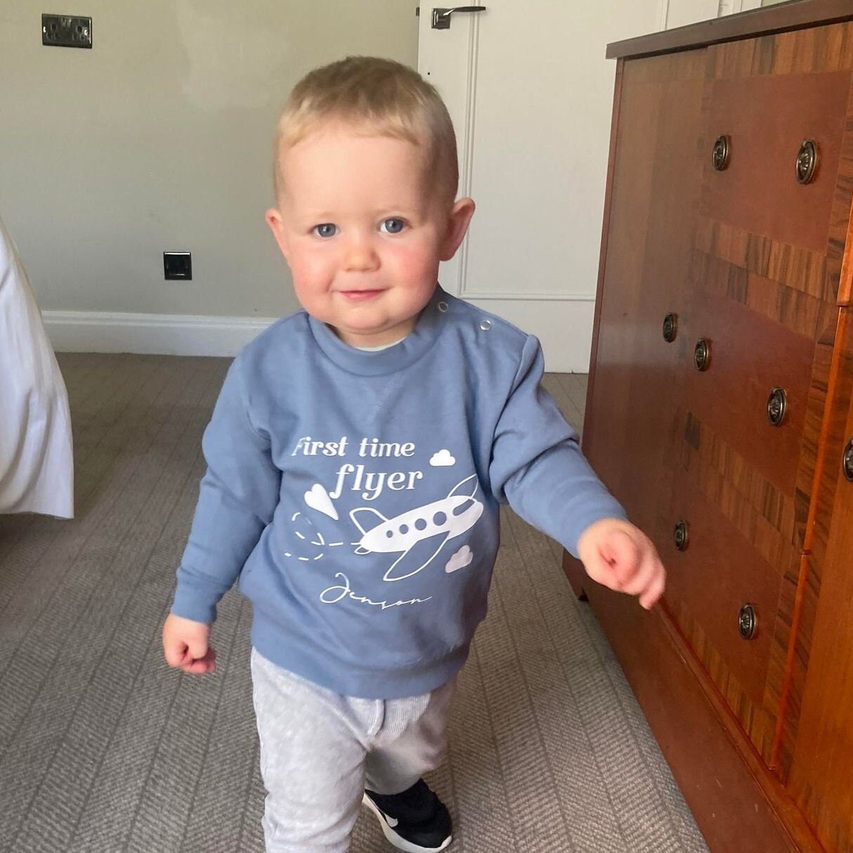 Personalised First Time Flyer Child Toddler Sweatshirt First Holiday Summer Winter Vacation Jumper Boy Girl Family Trip