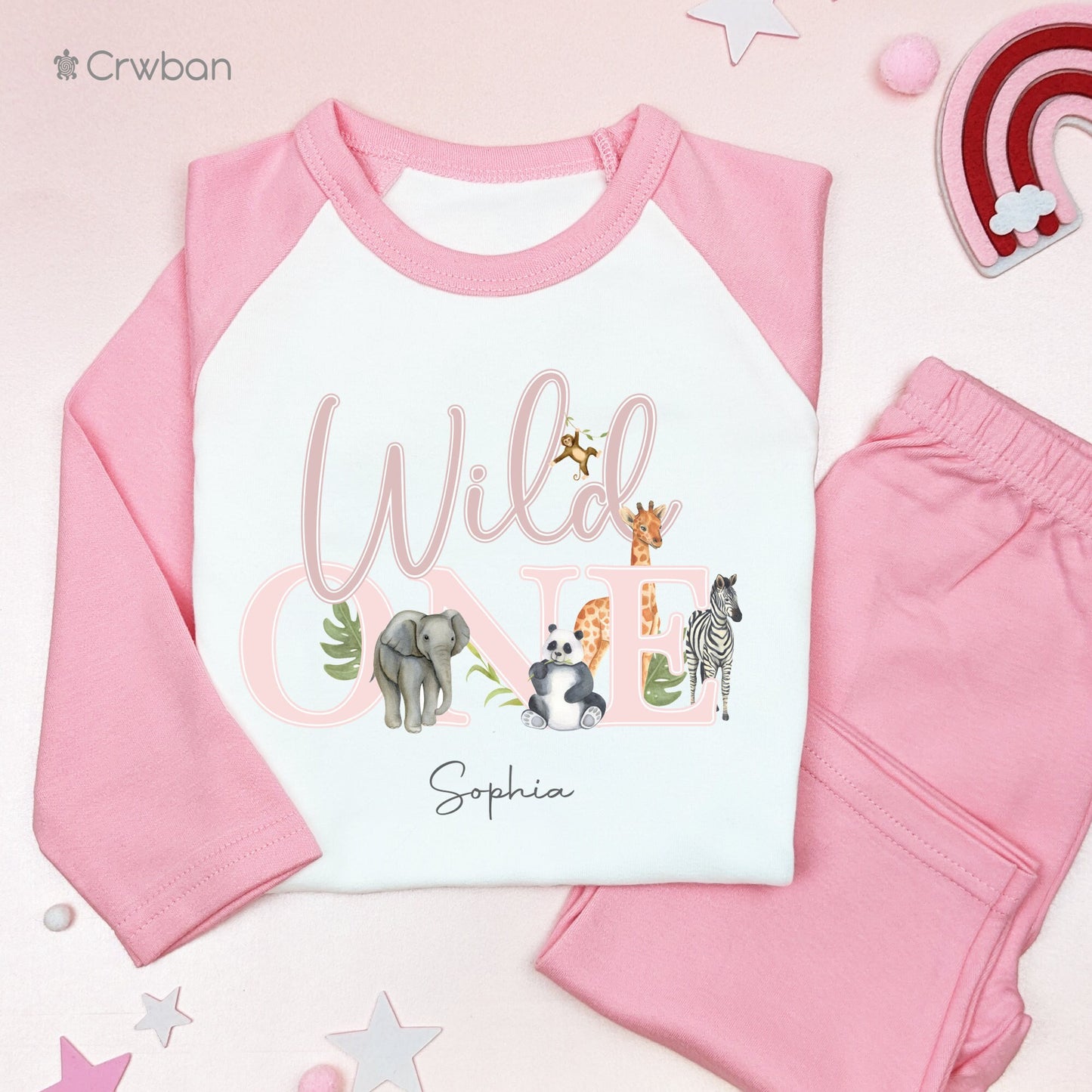 Wild One Pink Safari Jungle 1st Birthday Personalised Kids Outfit, Morning Set, Custom Name Cotton Clothing Set, Tight-fitting style
