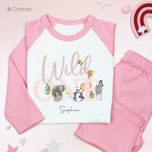 Wild One Pink Safari Jungle 1st Birthday Personalised Kids Outfit, Morning Set, Custom Name Cotton Clothing Set, Tight-fitting style