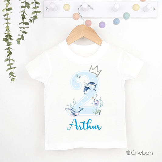 Sea Life 1st Birthday Party T-shirt Top Tee, Personalised 2nd 3rd Birthday design with Metallic Blue, Any Age, Children's Party Outfit