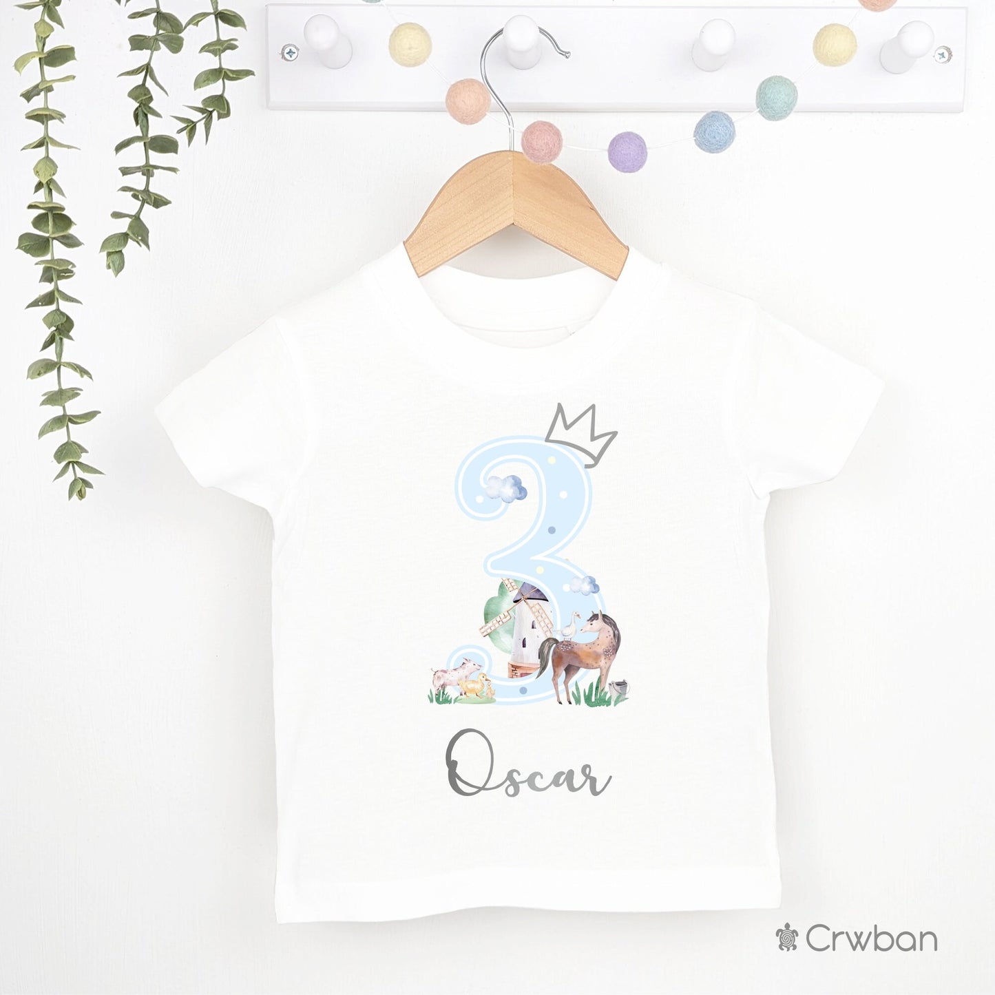 Watercolour Farm Animal Birthday Boy Blue Party T-shirt Top, Personalised 1st 2nd design with Metallic Silver Print Children's Clothing