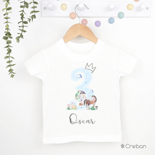 Watercolour Farm Animal Birthday Boy Blue Party T-shirt Top, Personalised 1st 2nd design with Metallic Silver Print Children's Clothing