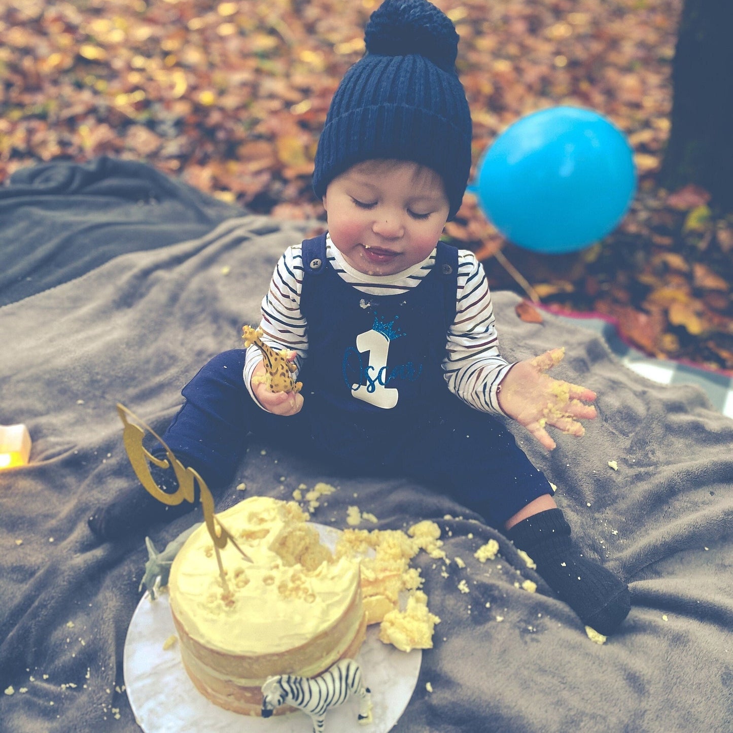1st Birthday Organic Dungarees with Pocket, Party Outfit Personalised design with Gold/Blue Glitter Print Toddler Childs First Party Outfit