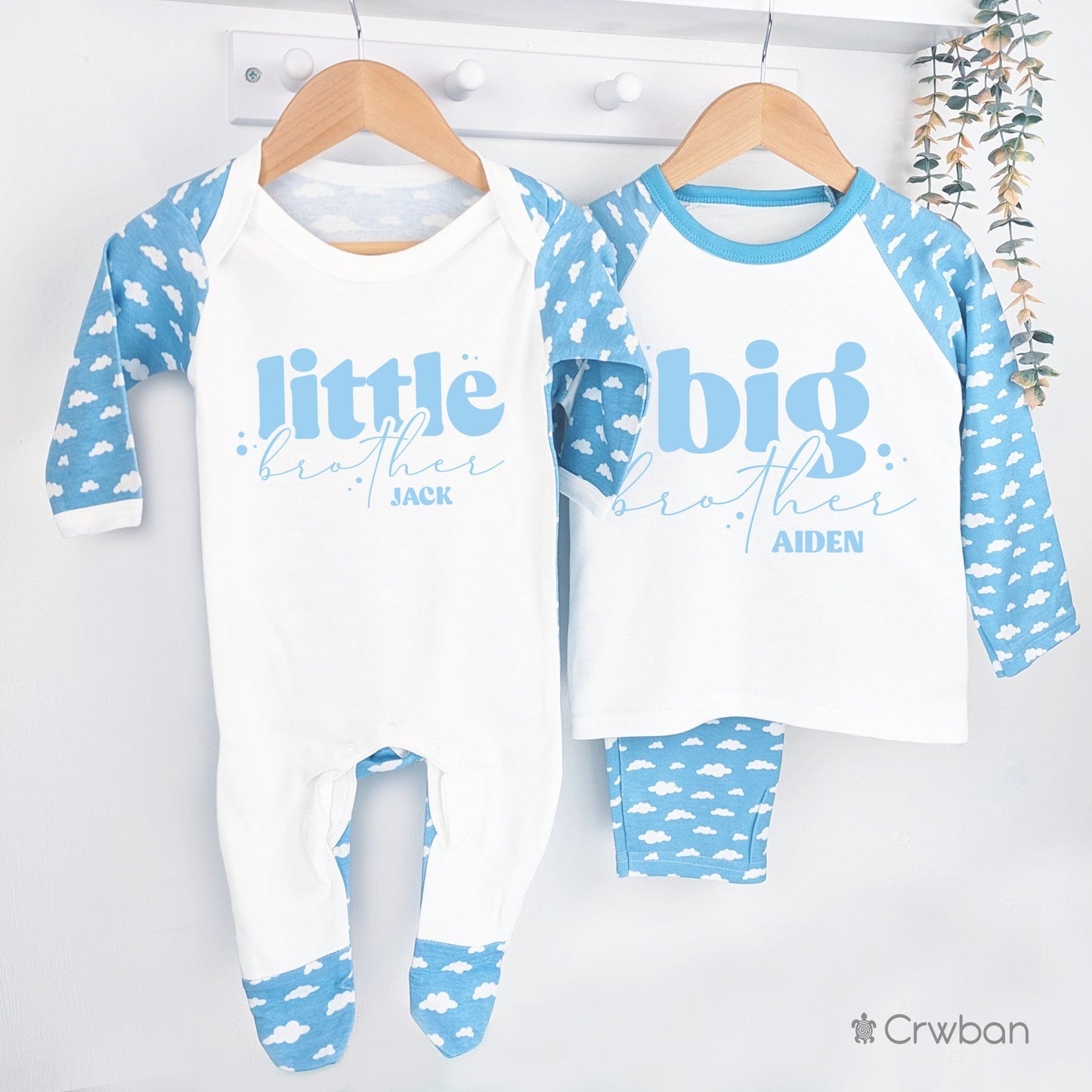 Matching Cloud Pattern Big and Little Brother Personalised Announcement Pyjama's Pj's Sleepsuit Romper Matching Gift