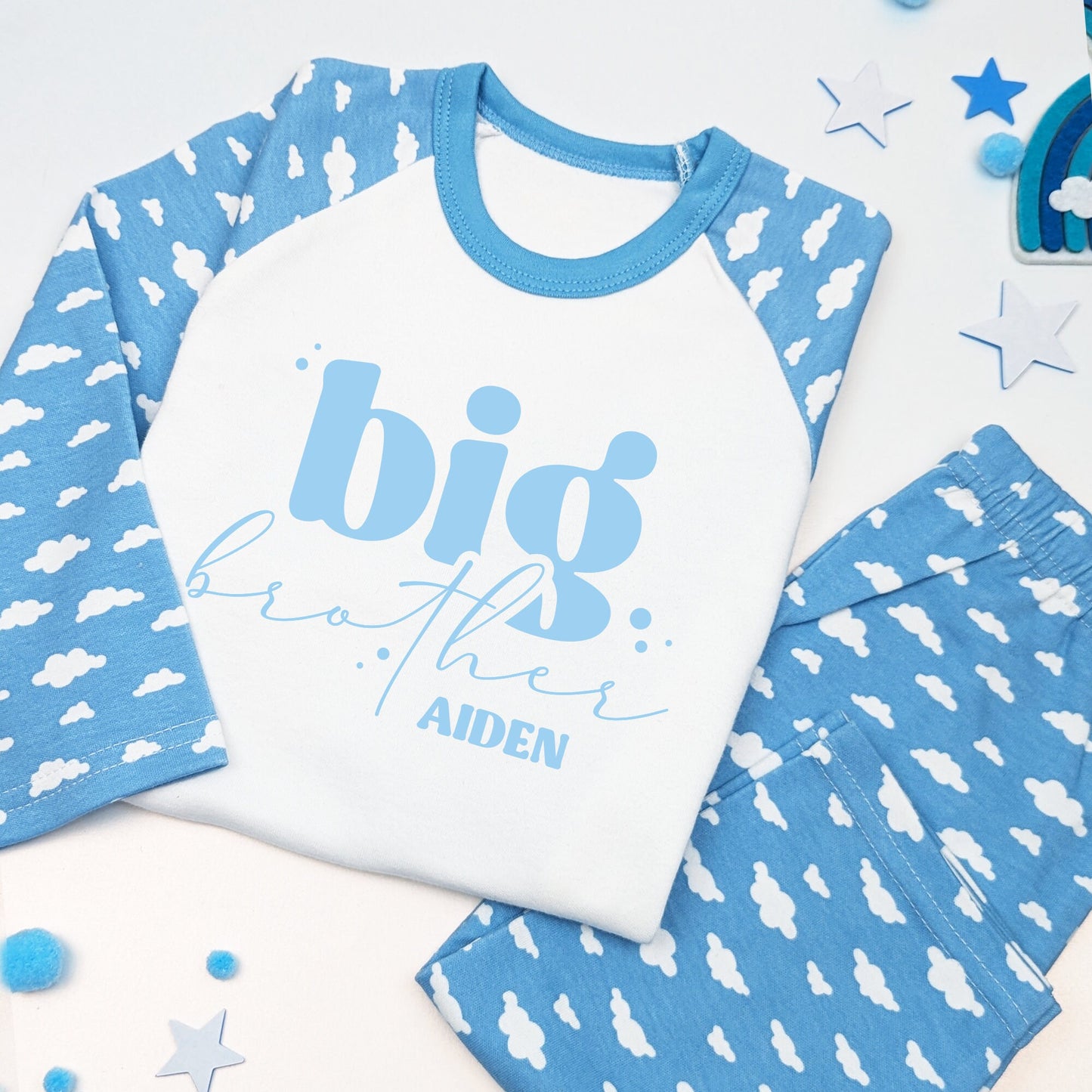 Matching Cloud Pattern Big and Little Brother Personalised Announcement Pyjama's Pj's Sleepsuit Romper Matching Gift