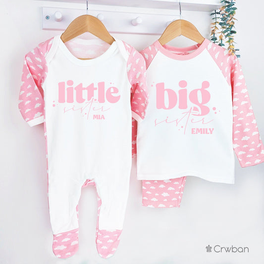 Matching Cloud Pattern Big and Little Sister Personalised Announcement Pyjama's Pj's Sleepsuit Romper Matching Gift