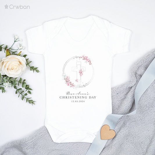 Personalised Christening Outfit, Rose flowers  circle detail Silver Cross Baptism Naming Day gifts Girl Sleepsuit Bodysuit Vest Newborn