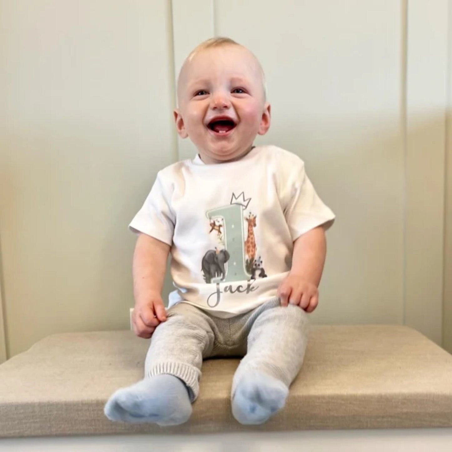 Safari Jungle theme 1st 2nd Birthday Party T-shirt Top, Personalised First Second Birthday design with Metallic Silver Print Children's Tee