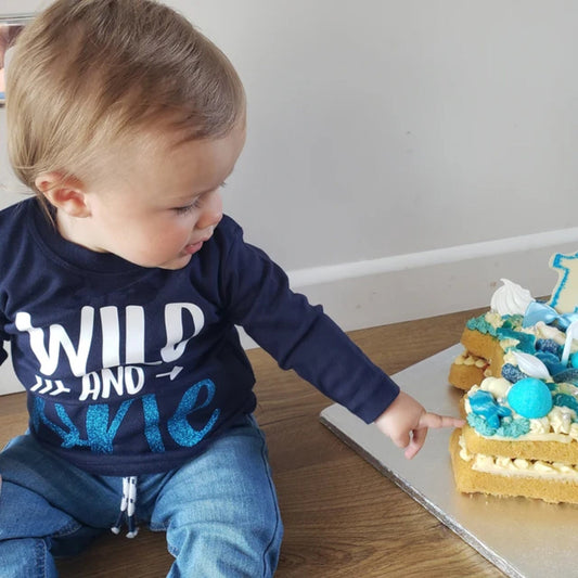Wild One Wildest and 1 Navy T-shirt Personalised Birthday Boy Top First Birthday with Glitter and Back Print Baby Toddler