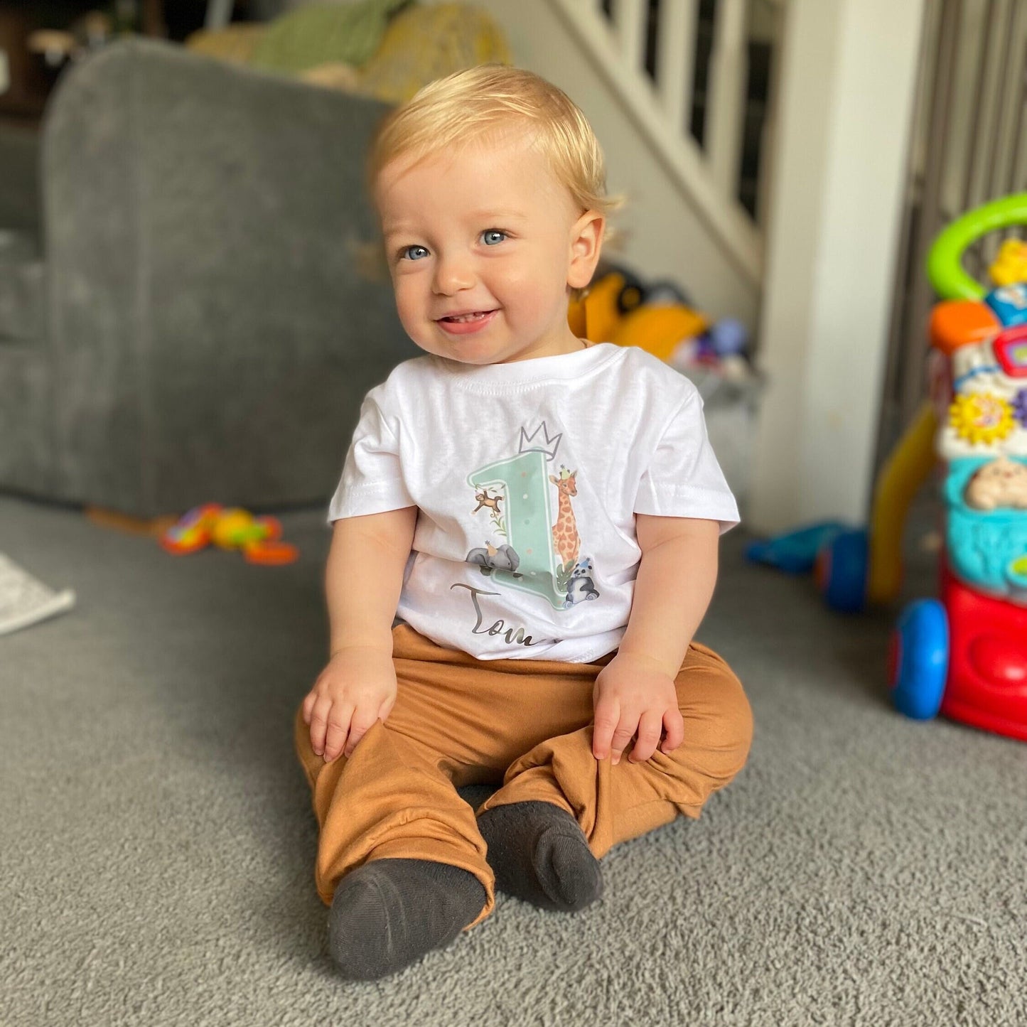 Safari Jungle theme 1st 2nd Birthday Party T-shirt Top, Personalised First Second Birthday design with Metallic Silver Print Children's Tee