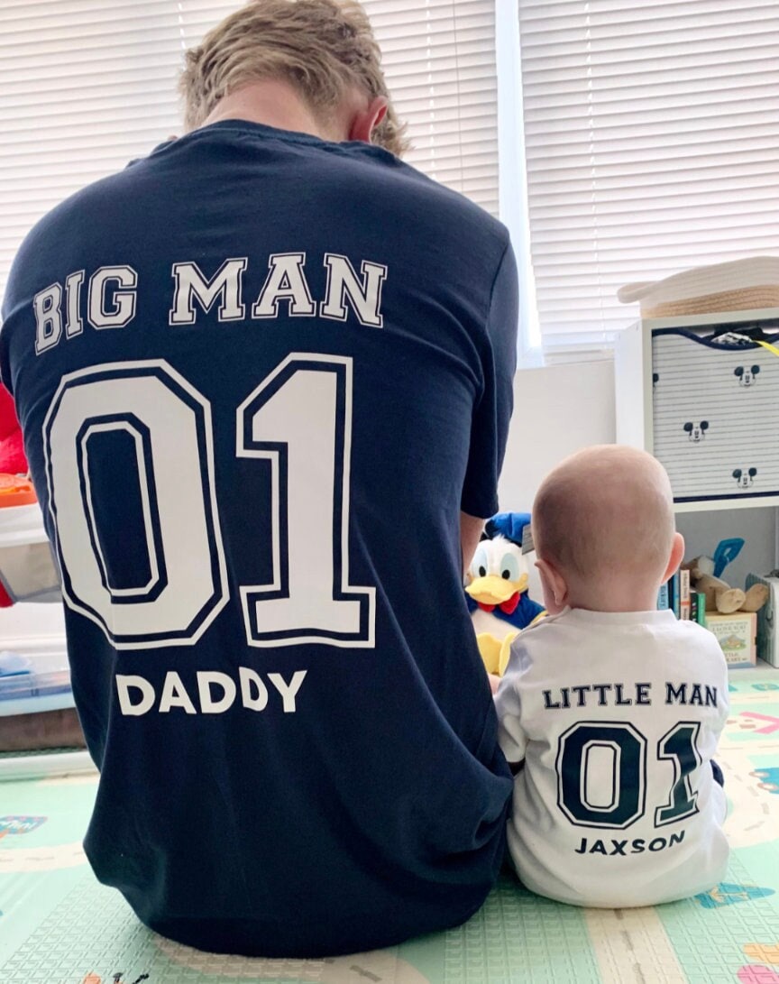 Big Man Little Man Personalised Father's Day Dad and Son Matching Adults Shirts Baby Toddler T-shirt Babygrow Gift Set New Dad Printed Back