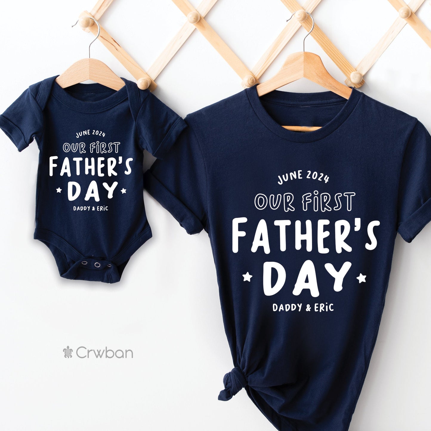 Personalised Our First Father's Day Baby Toddler + Dad Girl Boy Navy T-shirt Matching Babygrow Gift Set