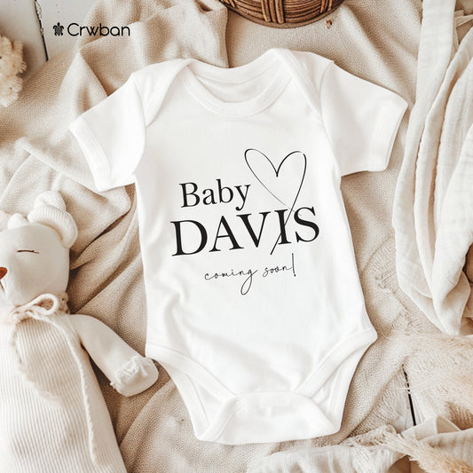 Personalised Coming Soon Baby Sketch Heart with Surname Pregnancy Announcement Unisex White Babygrow Bodysuit Gift Baby Shower