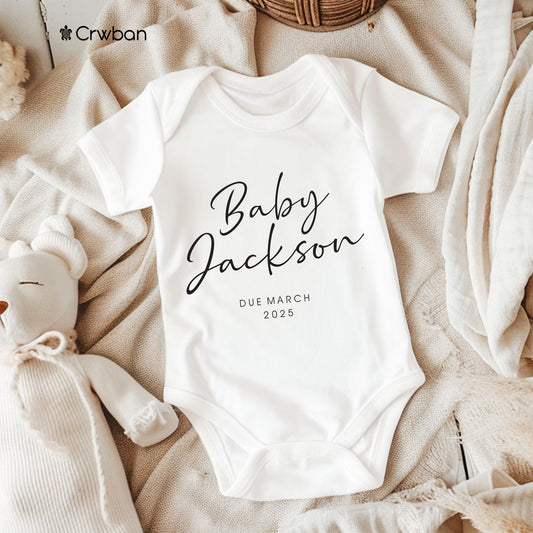 Personalised Script Text New Baby Pregnancy Announcement with Surname Unisex White Babygrow Bodysuit Gift Baby Shower