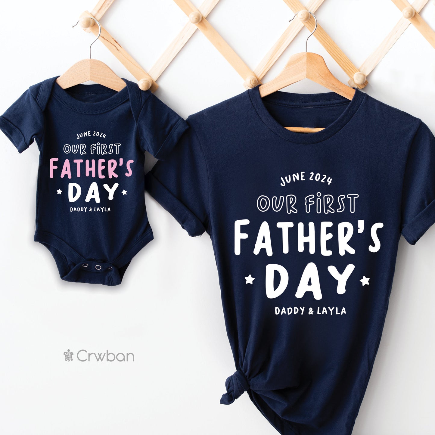 Personalised Our First Father's Day Baby Toddler + Dad Girl Boy Navy T-shirt Matching Babygrow Gift Set