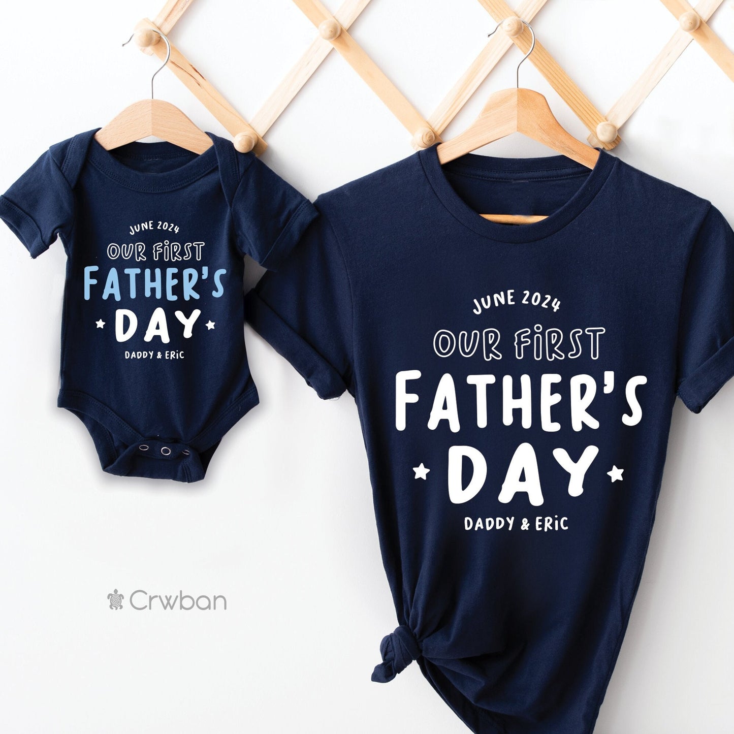Personalised Our First Father's Day Baby Toddler + Dad Girl Boy Navy T-shirt Matching Babygrow Gift Set