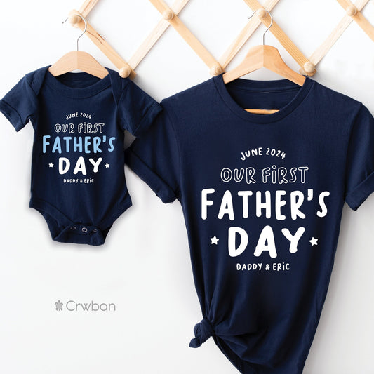 Personalised Our First Father's Day Baby Toddler + Dad Girl Boy Navy T-shirt Matching Babygrow Gift Set