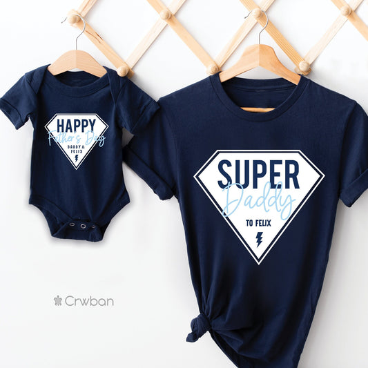 Personalised Super Daddy Father's Day Baby Toddler + Dad Navy T-shirt Matching Baby Blue Babygrow Girl Boy  Gift Set