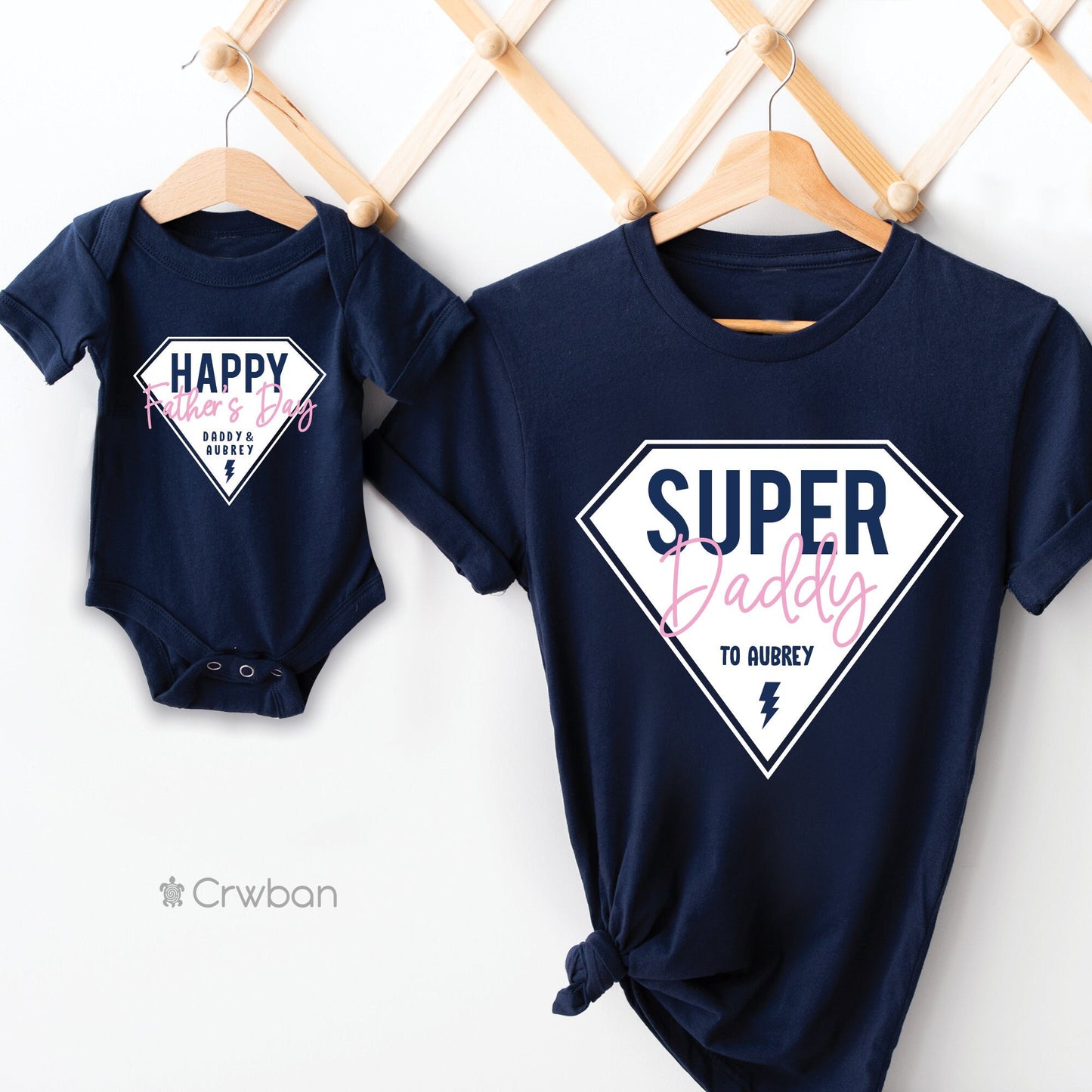 Personalised Super Daddy Father's Day Baby Toddler + Dad Navy T-shirt Matching Baby Pink Babygrow Girl Boy Gift Set