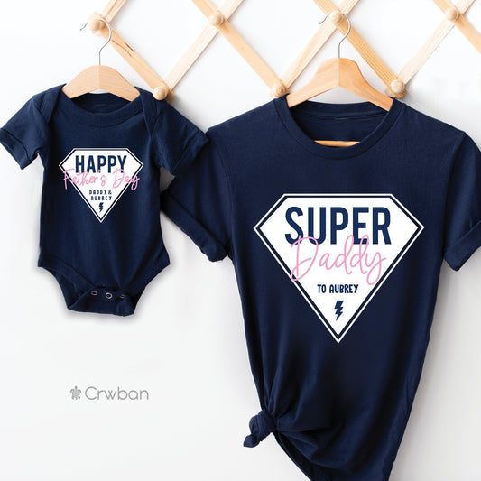 Personalised Super Daddy Father's Day Baby Toddler + Dad Navy T-shirt Matching Baby Pink Babygrow Girl Boy Gift Set