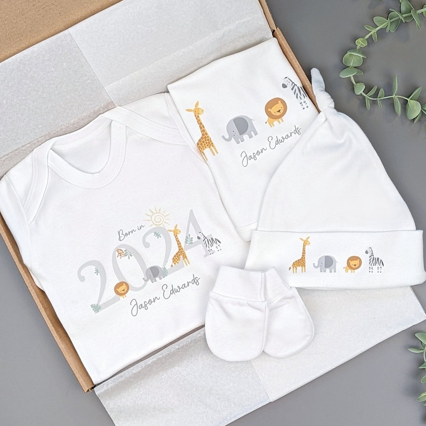 Essential Grey Safari Baby Gift Set | Baby Shower Gift | Baby Sleepsuit | Baby Gift | Newborn Girl Boy | New Baby Gift | Newborn Baby