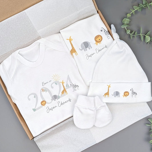 Essential Grey Safari Baby Gift Set | Baby Shower Gift | Baby Sleepsuit | Baby Gift | Newborn Girl Boy | New Baby Gift | Newborn Baby