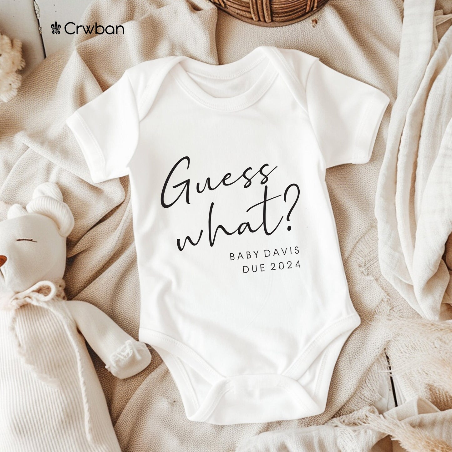 Guess What Personalised Baby Pregnancy Announcement with Surname and Date White Babygrow Bodysuit Gift Baby Shower