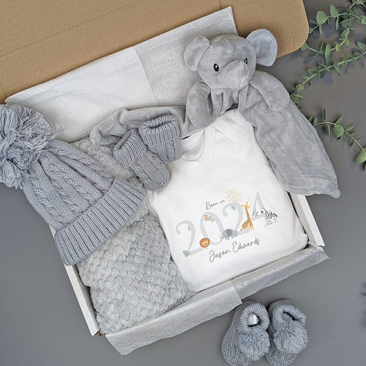 Cwtch Elephant Grey Safari Baby Gift Set | Baby Shower Gift | Baby Sleepsuit | Baby Gift | Newborn Girl Boy | New Baby Gift | Newborn Baby