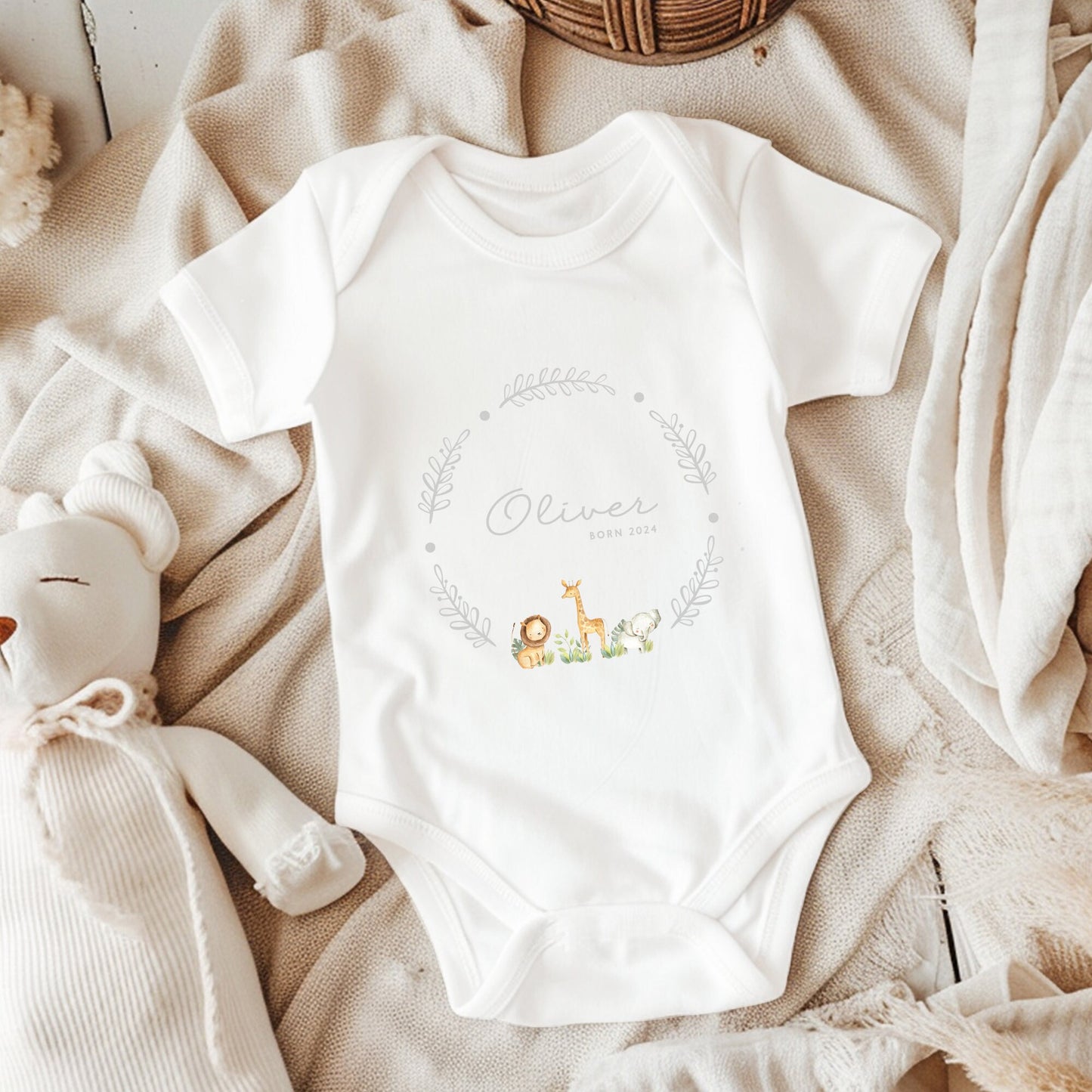 Personalised gifts for New Baby, Safari Babygrow Baby Vest, Baby boy girl Gift, Babyshower gift for Mum Dad, Coming home outfit baby